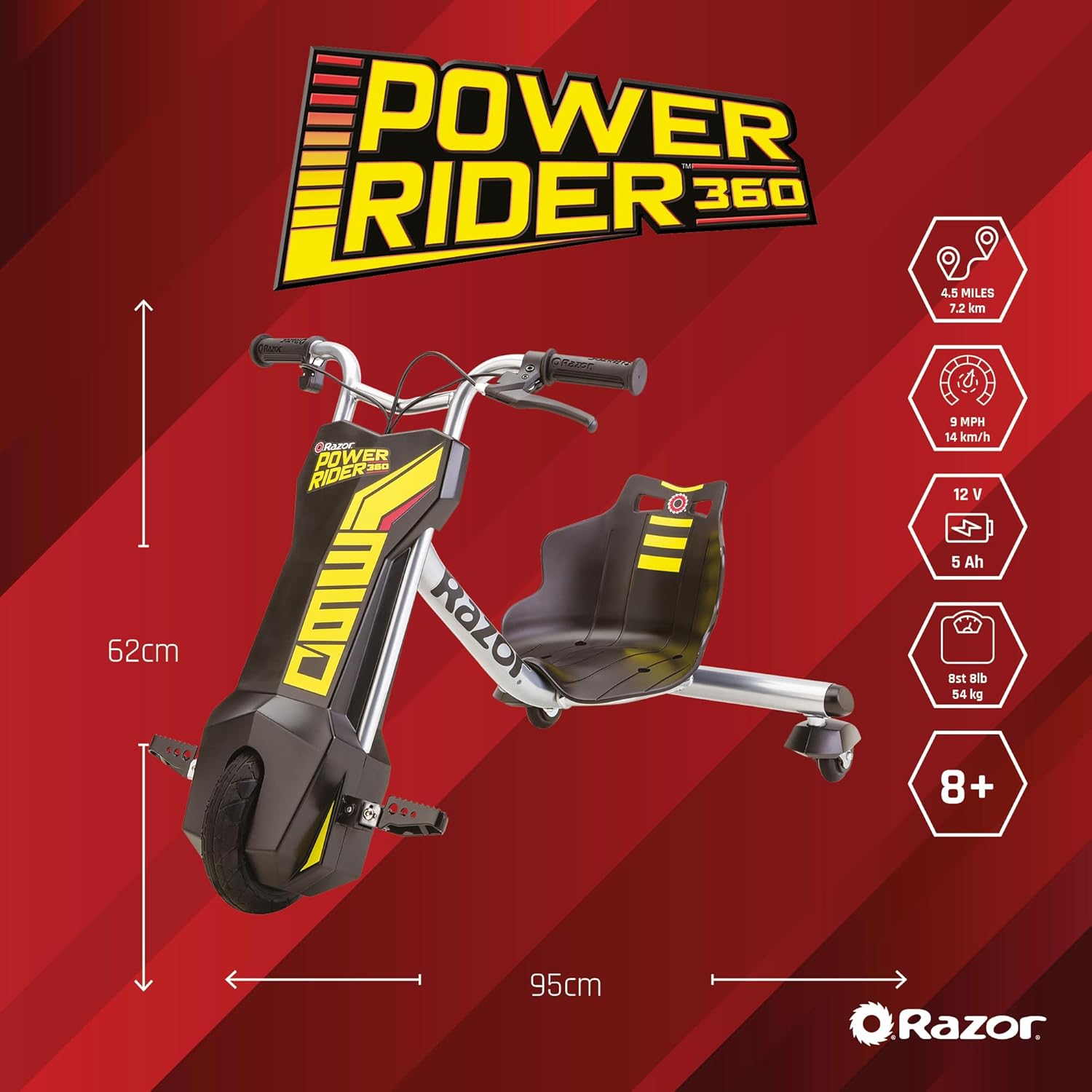 دراجة ثلاثية العجلات الكهربائية Razor PowerRider 360 للأطفال من سن 8 سنوات فما فوق، 12 فولت مع دواسة وقود بزر ضغط، سرعة تصل إلى 9 أميال في الساعة، مدة تشغيل 30 دقيقة، دوران 360 درجة وانزلاق، أقصى وزن للراكب 120 رطلاً