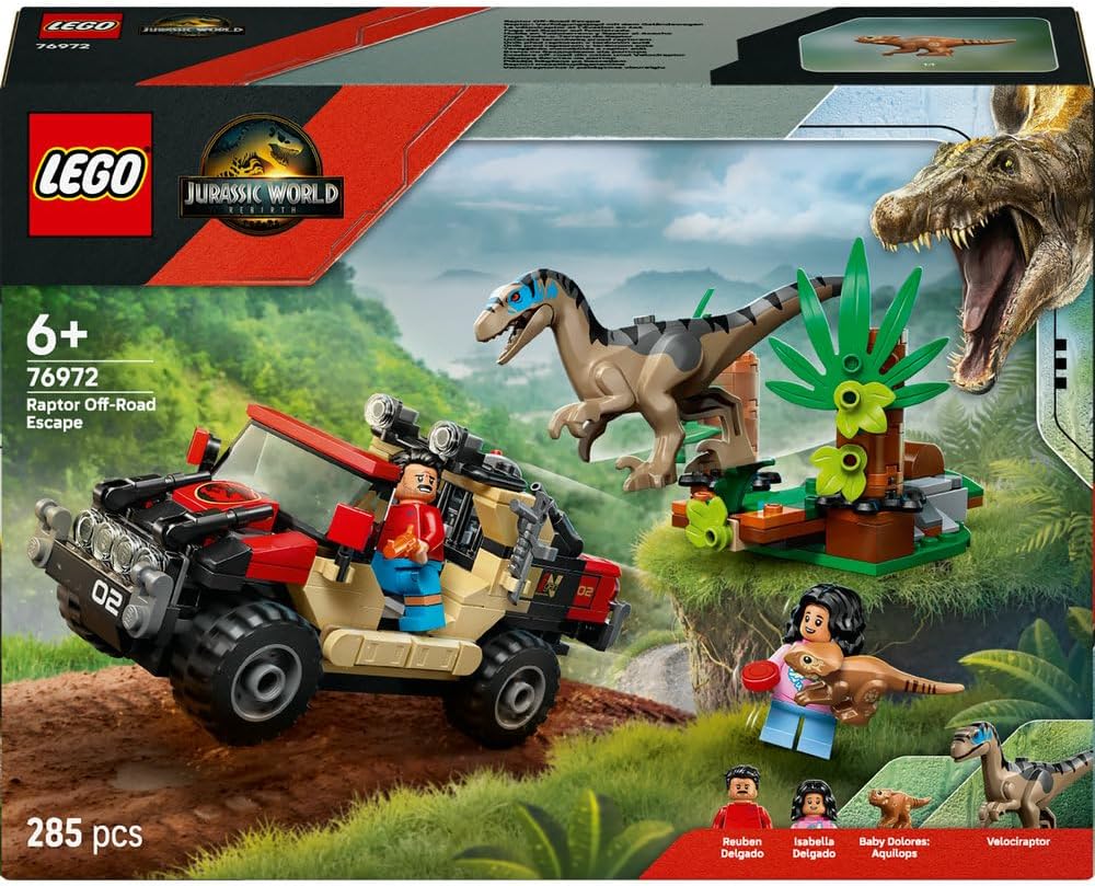 LEGO Jurassic World Raptor Off-Road Escape Dinosaur Toy incl 2 Dino Figures Off-Road Car Toy 2 Minifigures Gift for 6+ Year Old Boys Girls Rebirth Movie Fans 76972