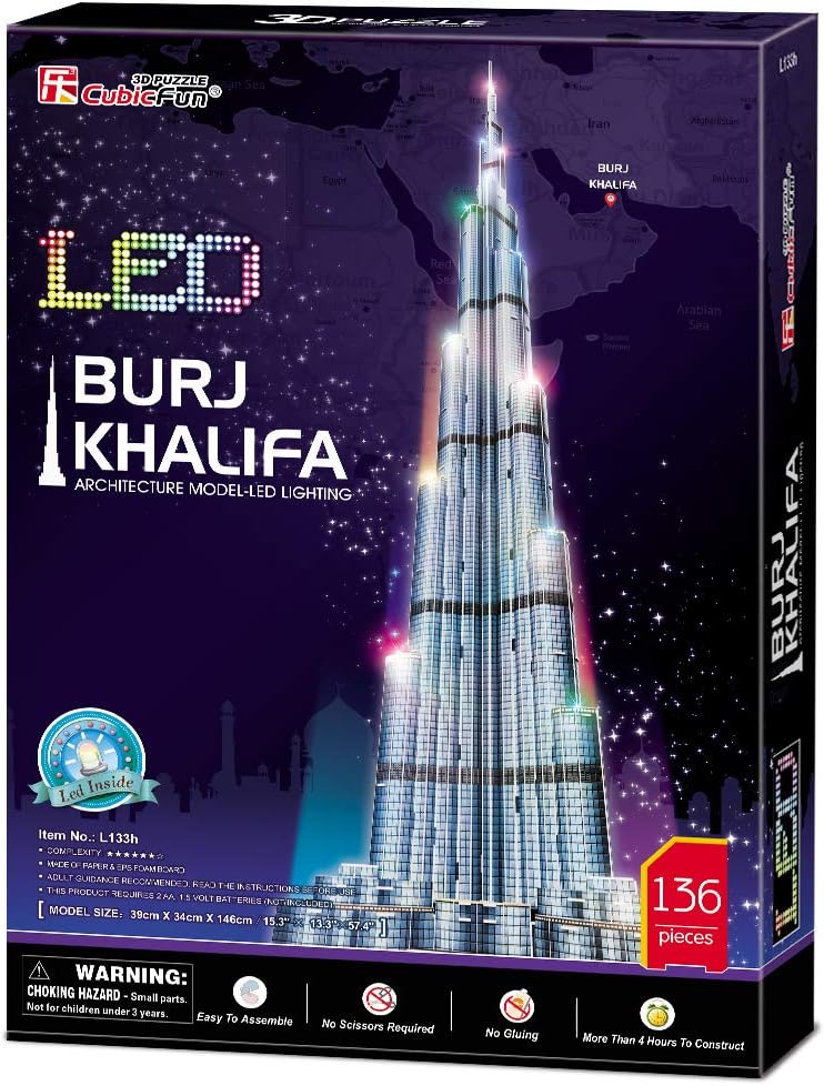 CubicFun 3D Puzzle LED Burj Khalifa Dubai Model Kit 136 Pieces Architecture Building Set for Adults + Teens Souvenir Display Gift