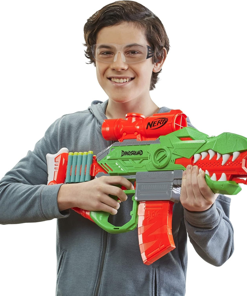 مسدس سهام نيرف دينو سكواد ريكس-رامبيج الآلي، مشبك سهام بعشرة سهام، ٢٠ سهم نيرف رسمي، تخزين لعشرة سهام، تصميم ديناصور تي ريكس، متعدد الألوان