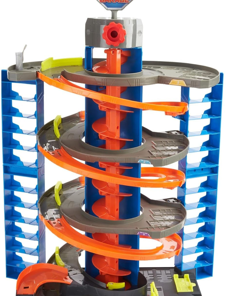 Hot Wheels City Mega Garage Playset with 1 Vehicle, 4-Level Car Garage with Corkscrew Elevator and Multi-Car Storage, Connectable Vehicle Playset for Kids 4 Years & Older