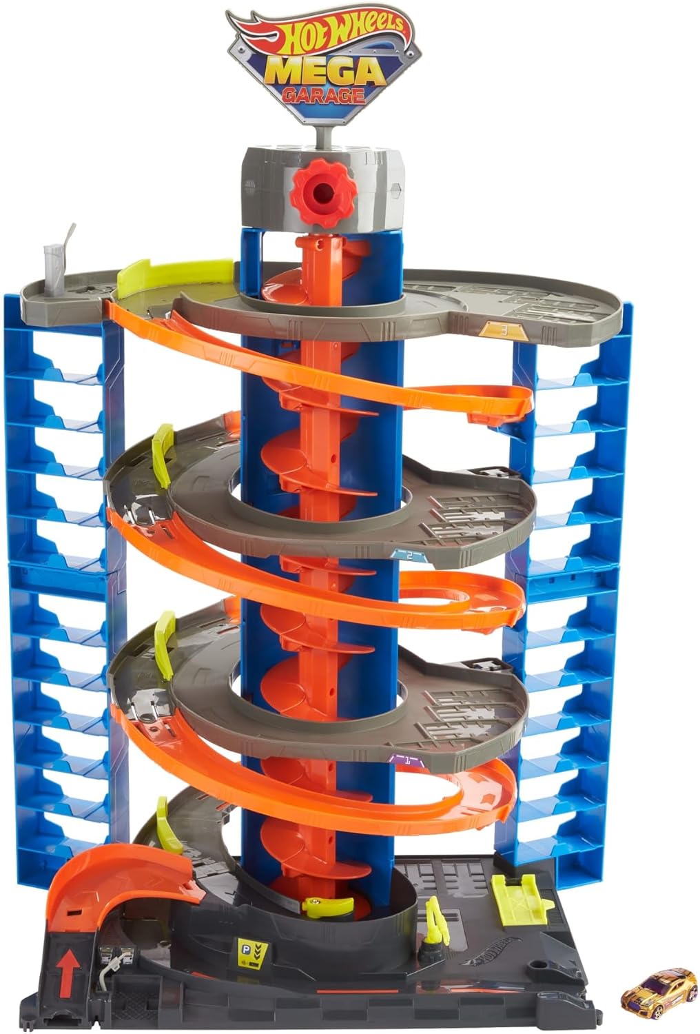 Hot Wheels City Mega Garage Playset with 1 Vehicle, 4-Level Car Garage with Corkscrew Elevator and Multi-Car Storage, Connectable Vehicle Playset for Kids 4 Years & Older