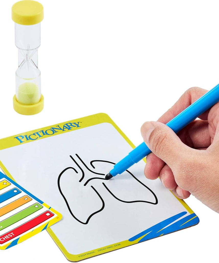 Mattel Games Pictionary Family Board Game for Kids, Adults and Game Night for 2 Teams with Erasable Markers, Boards and Sand Timer