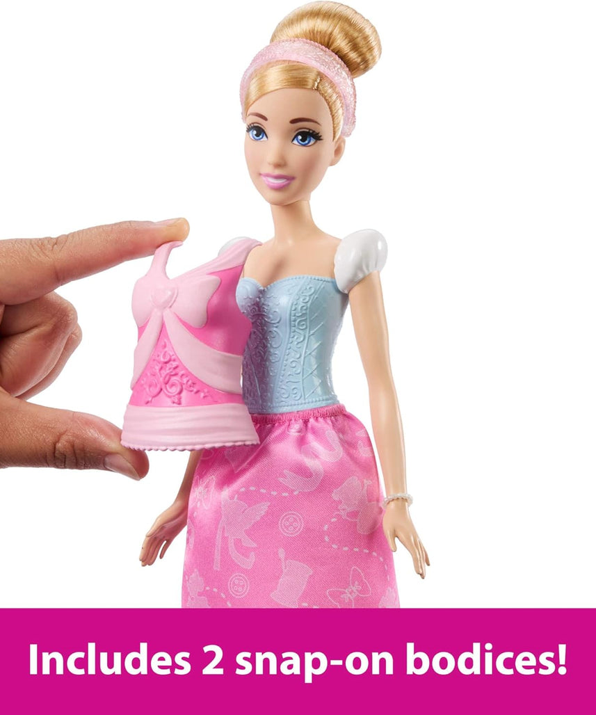 Mattel Disney Princess Toys, Cinderella Fashion Doll with 2 Looks, 9 Accessories, 2 Snap-On Bodices & 2 Skirts, 2-in-1 Stories Inspired by Disney Movie