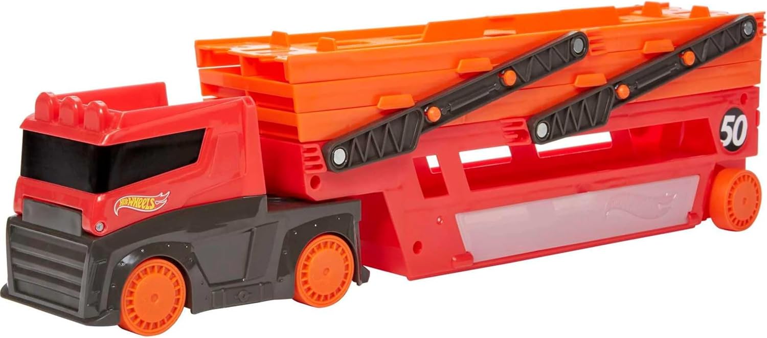 منصة نقل سيارات Hot Wheels LSV Mega Hauler Rig متعددة المستويات، تتسع لما يصل إلى 50 سيارة، متصلة بمسارات Hot Wheels، تتضمن منحدرًا ومساحة تخزين، ألعاب أطفال من سن 4 سنوات فما فوق