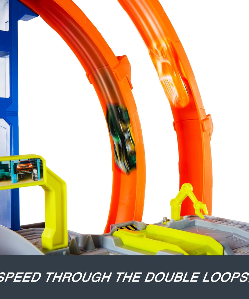 Hot Wheels Mega Loop Garage Track Set with Die-Cast Car & Helicopter, Double Loop Racing, Multi-Level Parking for 36 Cars, Speed Snap Track Adapters, Toy Garage Playset for Kids 4 Years+