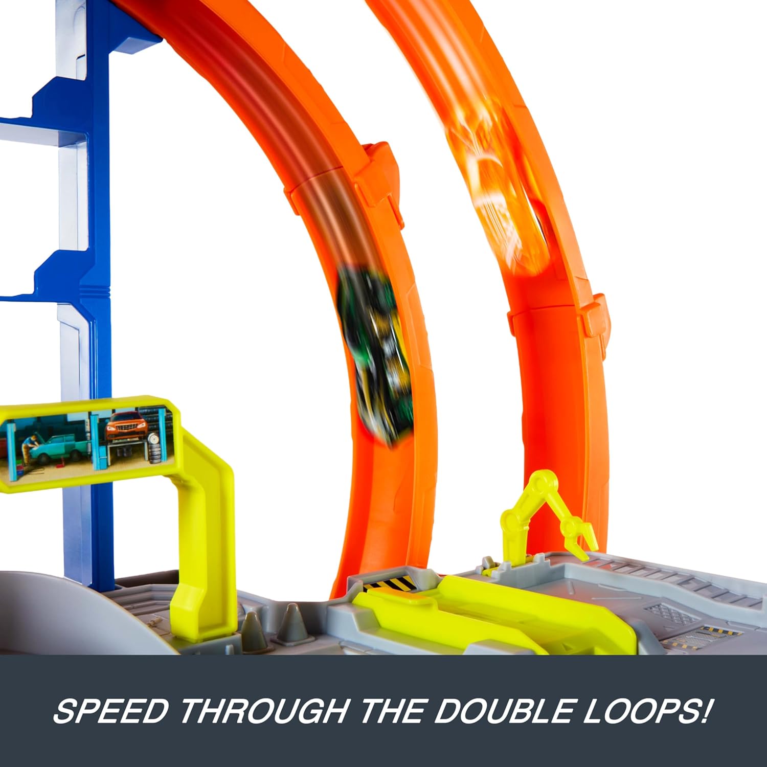 Hot Wheels Mega Loop Garage Track Set with Die-Cast Car & Helicopter, Double Loop Racing, Multi-Level Parking for 36 Cars, Speed Snap Track Adapters, Toy Garage Playset for Kids 4 Years+