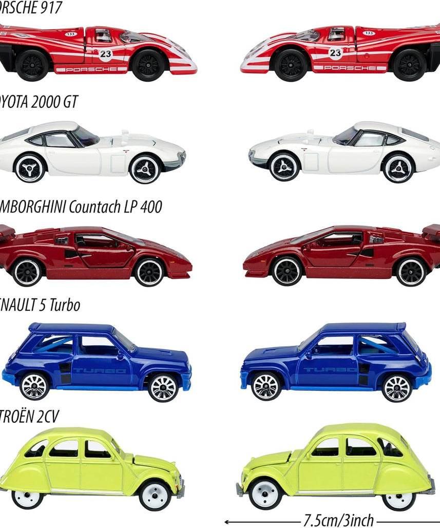 Majorette Vintage Autos 5-Piece Set – Ford Mustang, Porsche 934, Renault Alpine A110, VW Beetle & VW T1, Die-Cast Collectible Toy Cars for Kids & Collectors