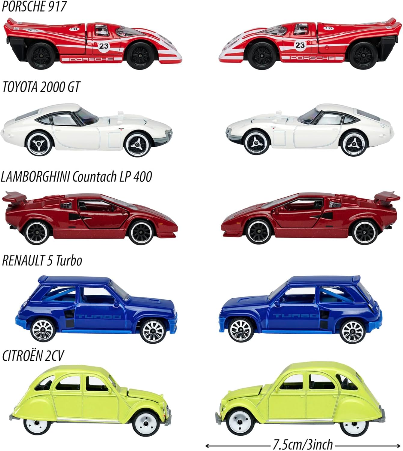 Majorette Vintage Autos 5-Piece Set – Ford Mustang, Porsche 934, Renault Alpine A110, VW Beetle & VW T1, Die-Cast Collectible Toy Cars for Kids & Collectors