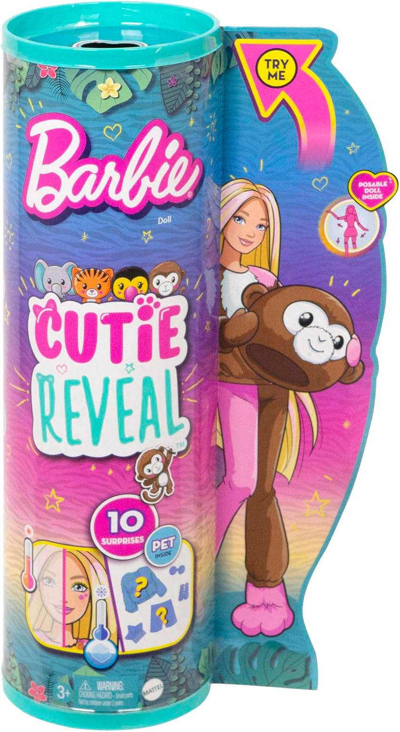 Barbie Cutie Reveal Chelsea Doll & Accessories, Jungle Series Monkey-Themed Small Doll Set, 10 Surprises