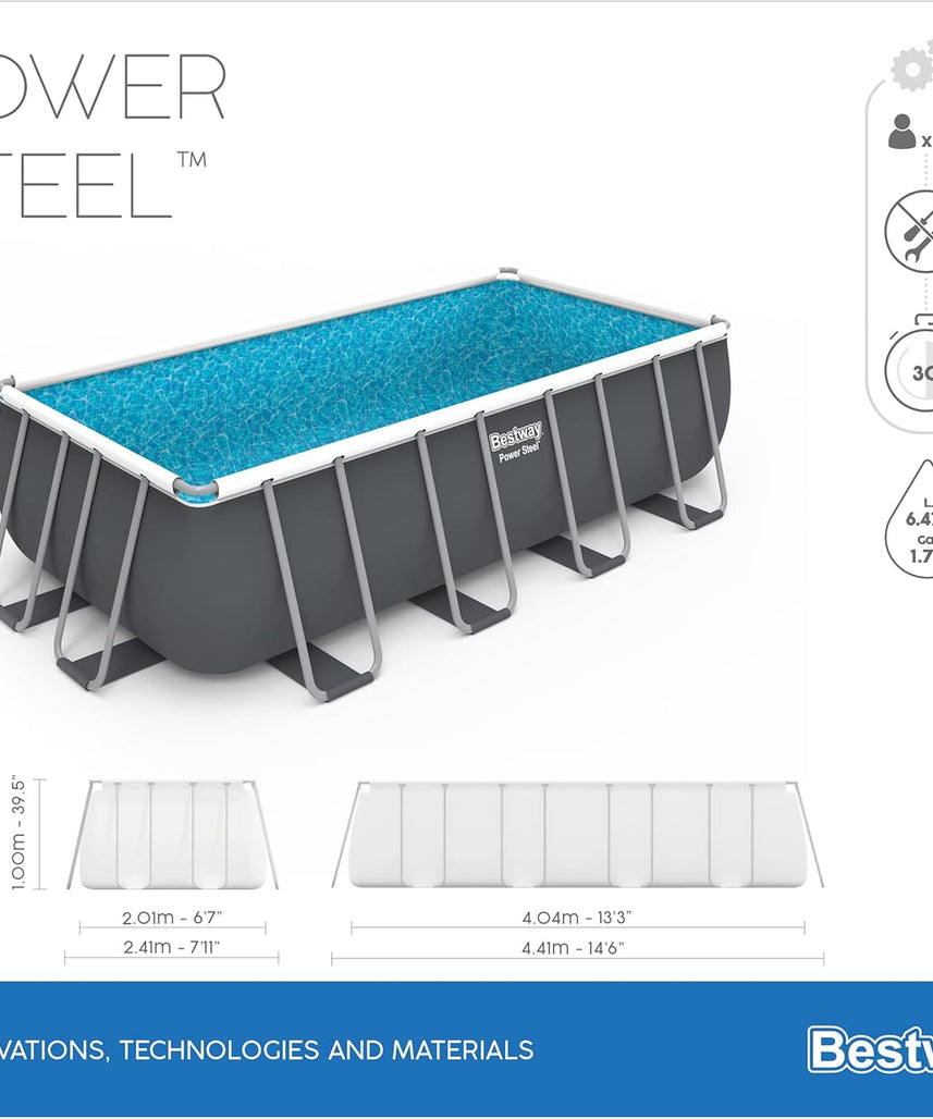 Bestway Rectangular Pool Set 13'3" x 6'7" x 39.5" (4.04m x 2.01m x 1m) – Heavy-Duty Family Swimming Pool, Grey, Ages 18+