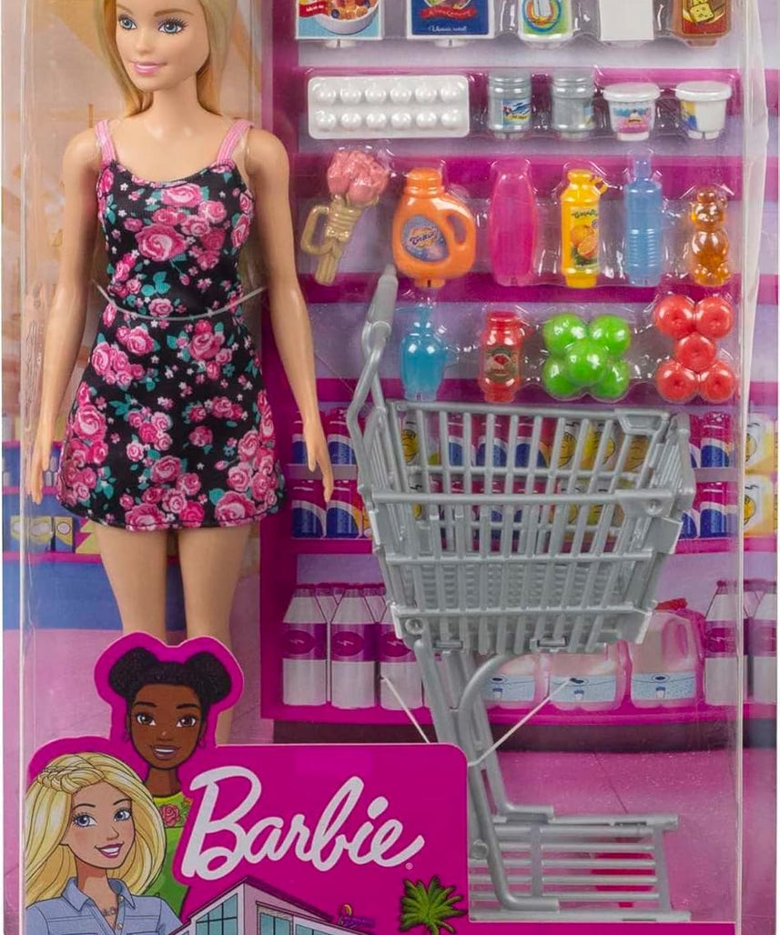 Barbie Doll and Supermarket Set, with Shopping Cart and 20 Pieces, 3 to 7 Year Olds