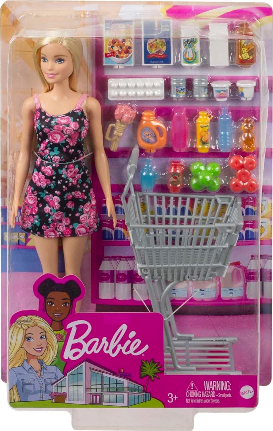 Barbie Doll and Supermarket Set, with Shopping Cart and 20 Pieces, 3 to 7 Year Olds