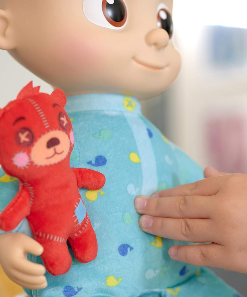 CoComelon Official Musical Bedtime JJ Doll, Soft Plush Baby Toy with Sounds, Press Tummy to Sing Yes Yes Bedtime Song, Includes Teddy Bear Pillow Plush, Toddler Bedtime Toy, 18 Months+