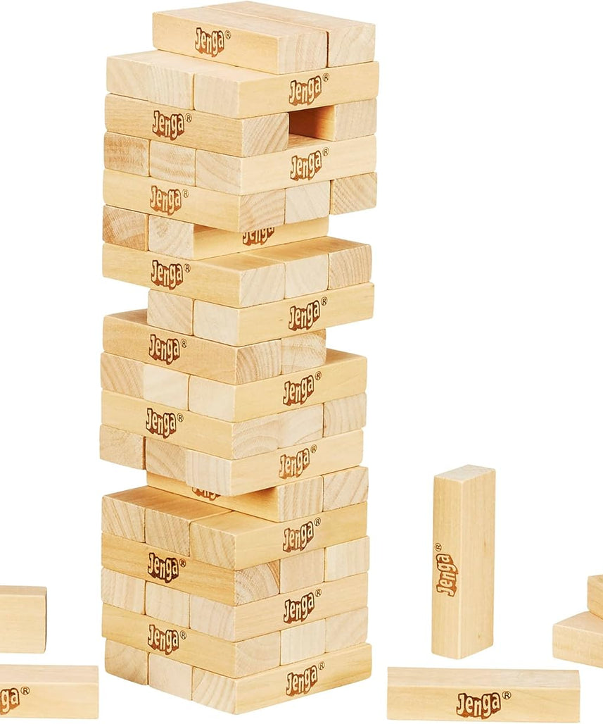 لعبة جينجا الكلاسيكية، جينجا من هاسبرو، ٥٤ مكعبًا من الخشب الصلب، لعبة برج التكديس، لعبة لوحية عائلية، لعبة أطفال، لعبة داخلية، للأعمار من ٦ سنوات فما فوق، لاعب واحد أو أكثر