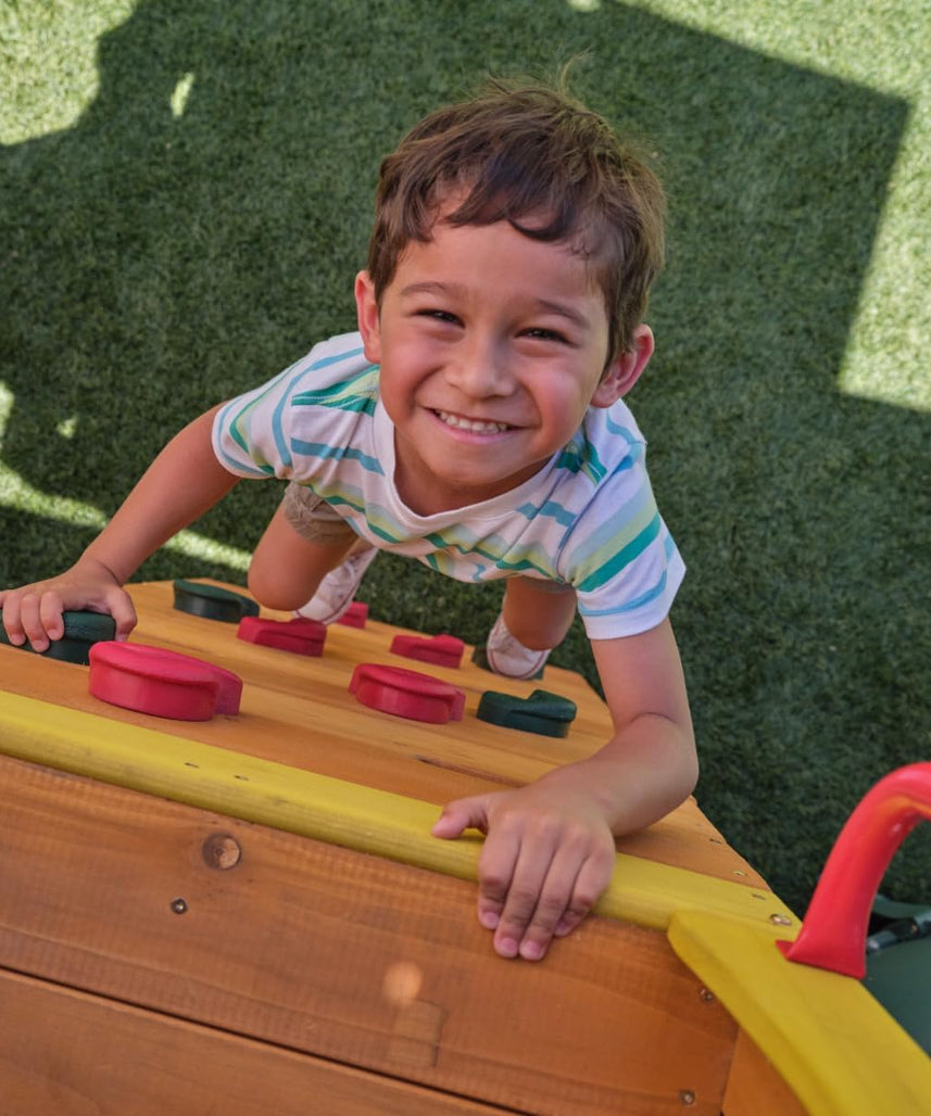 KidKraft Bear Cave Wooden Lodge Swing Set / Playset – Deluxe Outdoor Clubhouse with Slides, Swings, Glider, and Interactive Play Areas for Kids Age 3-10 Years