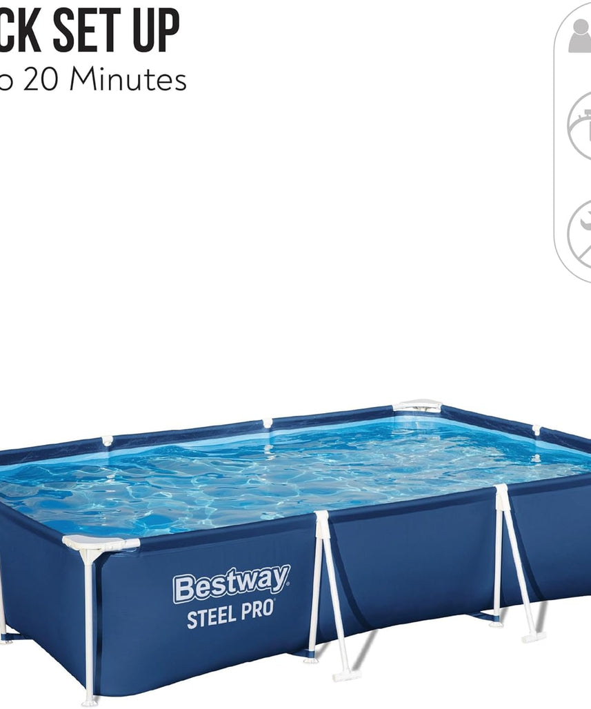 Bestway Steel Pro Rectangular Above Ground Swimming Pool 3m x 2m x 66cm/9'10" x 6'7", Frame Pools, Corrosion-resistant Steel Frame, Sturdy & Durable