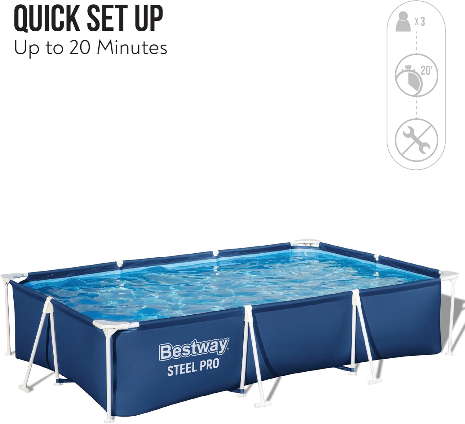 Bestway Steel Pro Rectangular Above Ground Swimming Pool 3m x 2m x 66cm/9'10" x 6'7", Frame Pools, Corrosion-resistant Steel Frame, Sturdy & Durable
