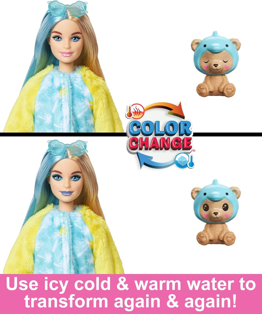 Barbie Cutie Reveal Teddy Bear as Dolphin Costume-Themed Series Doll with 10 Surprises, Color-Change Features & Accessories for Kids Age 3+