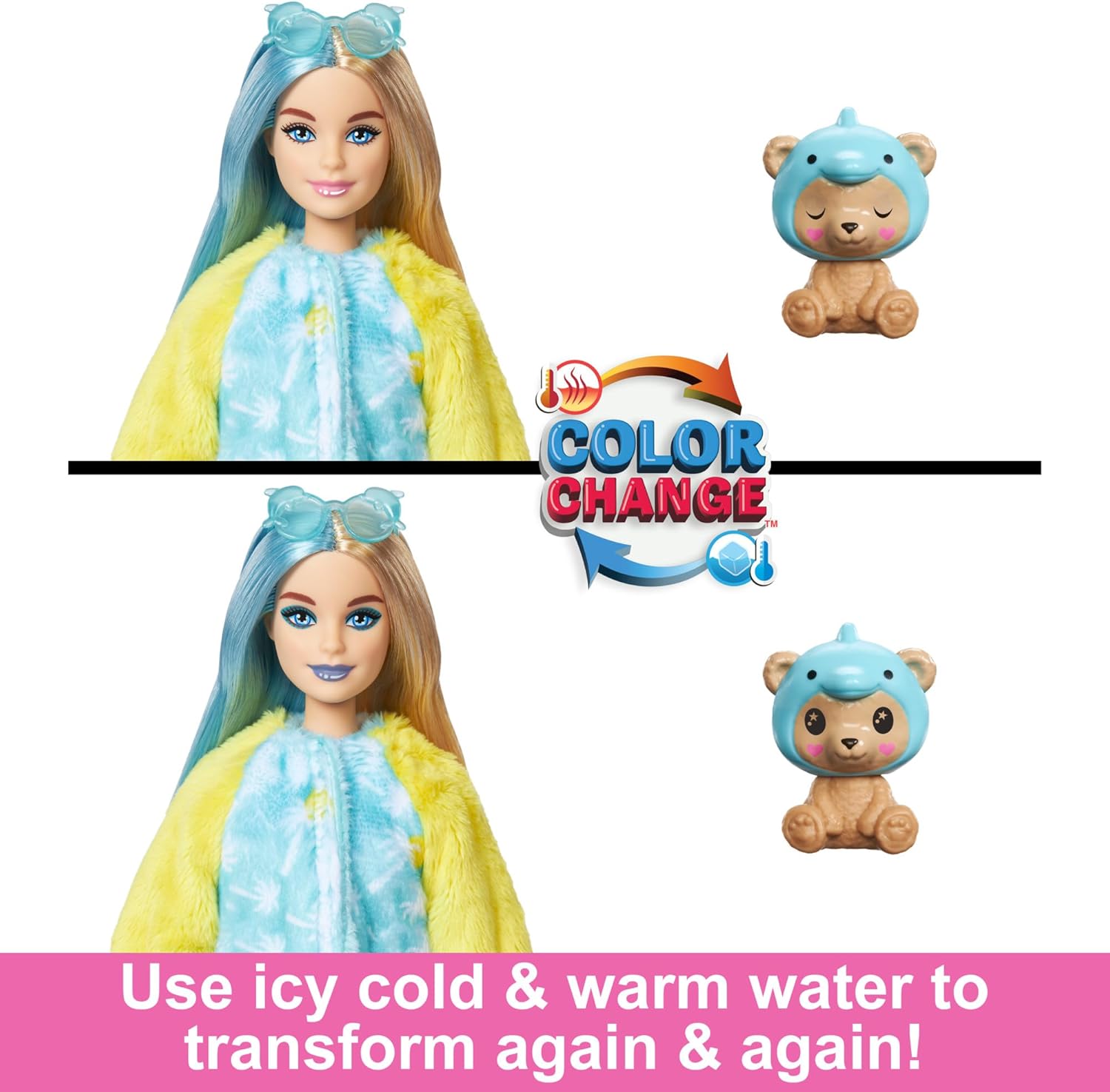 Barbie Cutie Reveal Teddy Bear as Dolphin Costume-Themed Series Doll with 10 Surprises, Color-Change Features & Accessories for Kids Age 3+