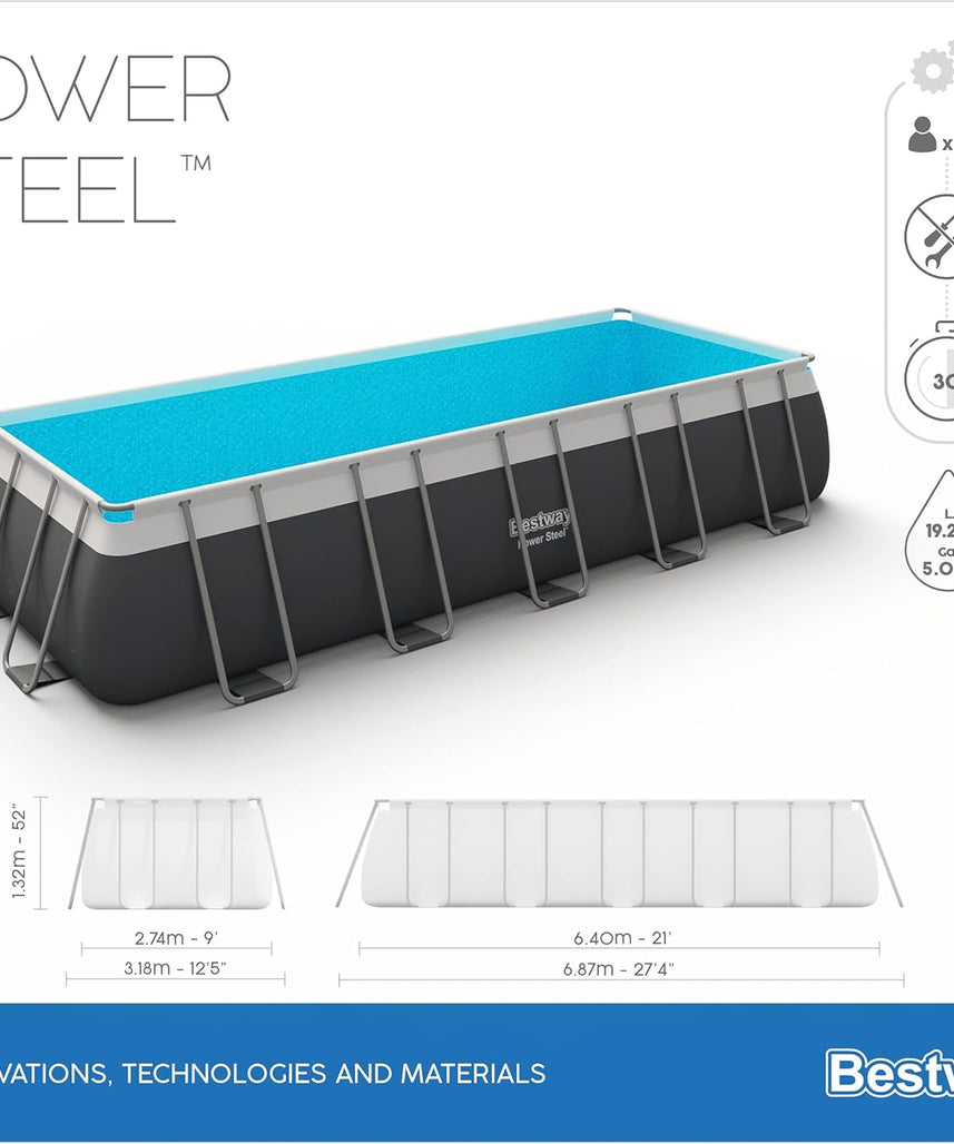 Bestway Power Steel™ Above Ground Pool Set 6.40m x 2.74m x 1.32m – Heavy-Duty Rectangular Family Swimming Pool with Steel Frame, Ages 18+
