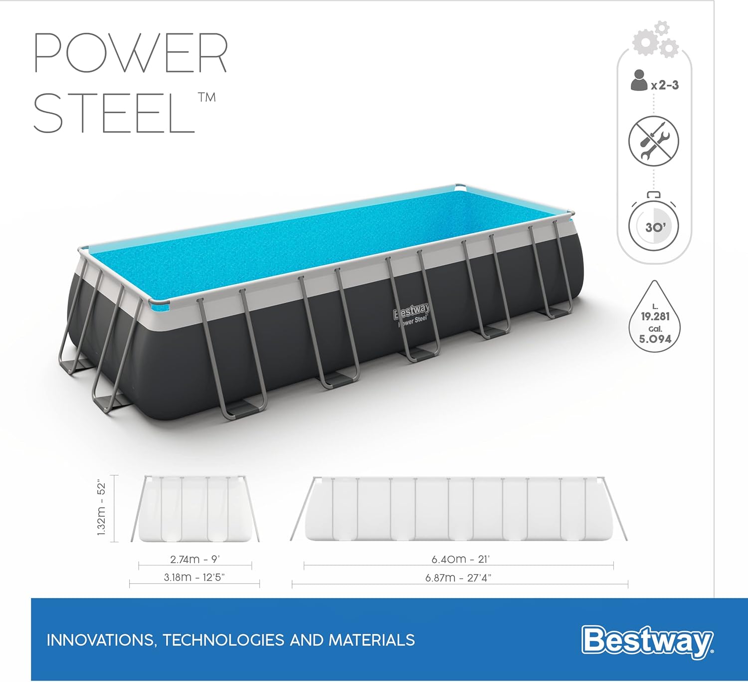 Bestway Power Steel™ Above Ground Pool Set 6.40m x 2.74m x 1.32m – Heavy-Duty Rectangular Family Swimming Pool with Steel Frame, Ages 18+