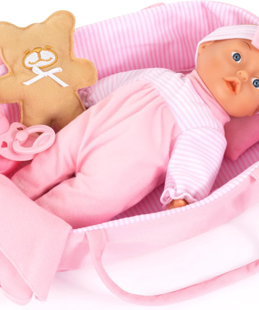 Bayer Baby Doll Basket Set 28cm with Soft Doll, Carrier, Blanket, Pillow, Bottle, Teddy, Role Play Toy for Kids, 3Y+ Years