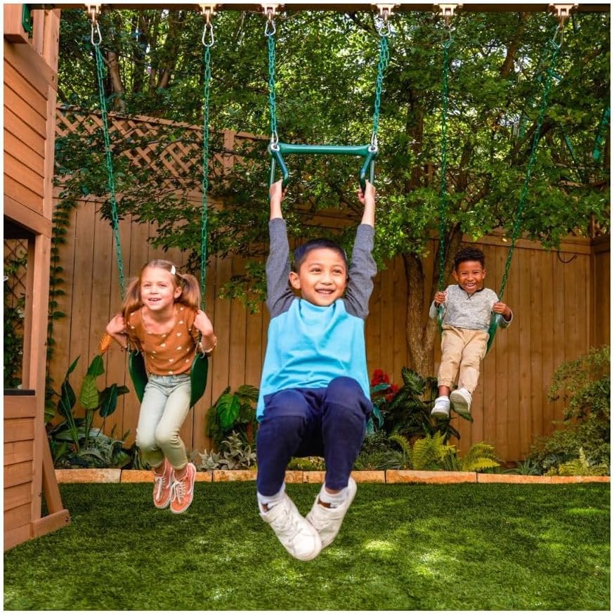 KidKraft Summit View Wooden Swing Set / Playset – Deluxe Outdoor Clubhouse with Slides, Swings, Fireman’s Pole, and Kitchen for Kids Age 3-10 Years
