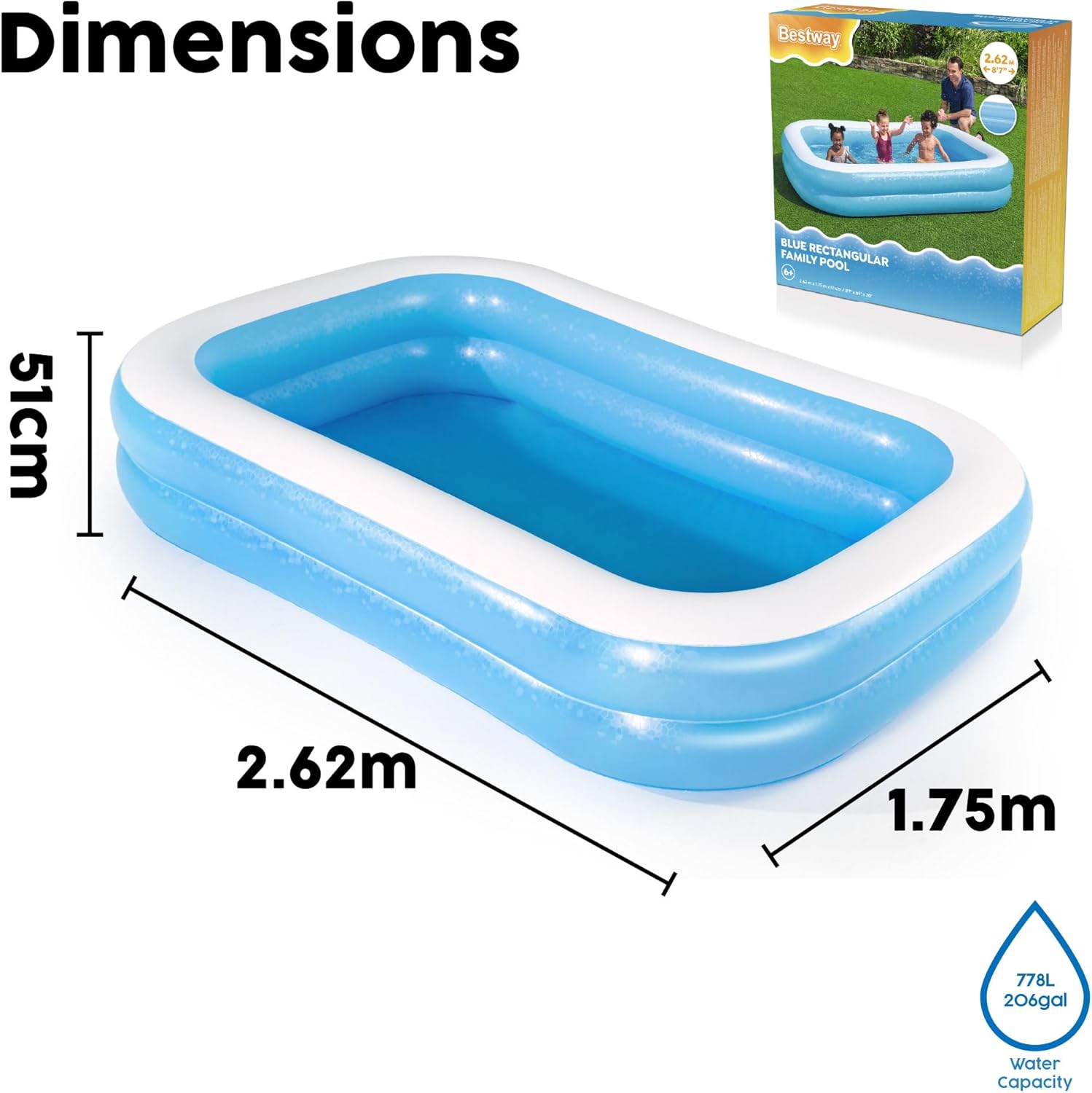 Bestway 8'7" x 69" x 20"/2.62m x 1.75m x 51cm Blue Rectangular Pool