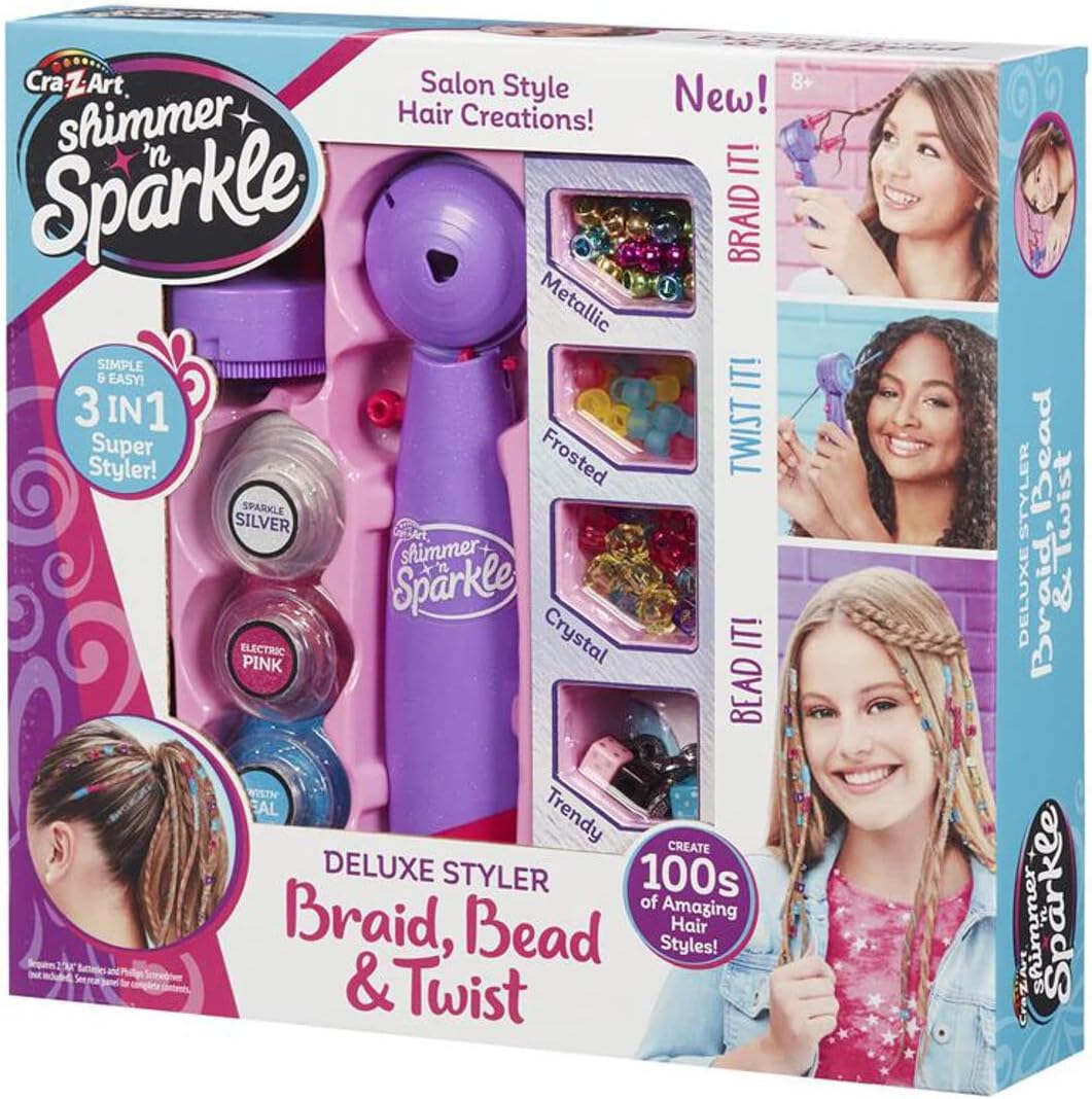 Cra-Z-Art Shimmer N Sparkle Deluxe Styler Braid, Bead & Twist, Hair Braiding Machine for Kids, Hair Styler Twister Toy, Fashion Threads & Accessories for Girls Long Hairs, Ages 8 Year & Up - 65576
