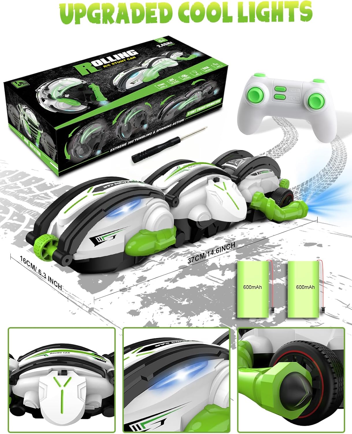 Crazon RC Stunt Car 360° Rolling Snake Car with LED Lights – Green