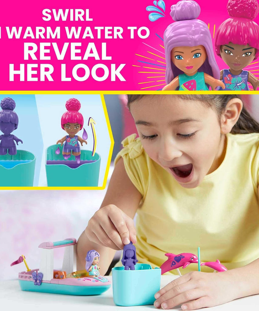 Barbie Color Reveal Dolphin Exploration Playset, 2 Micro-Dolls with Dolphins, 114 Building Bricks and Accessories for Creative Play