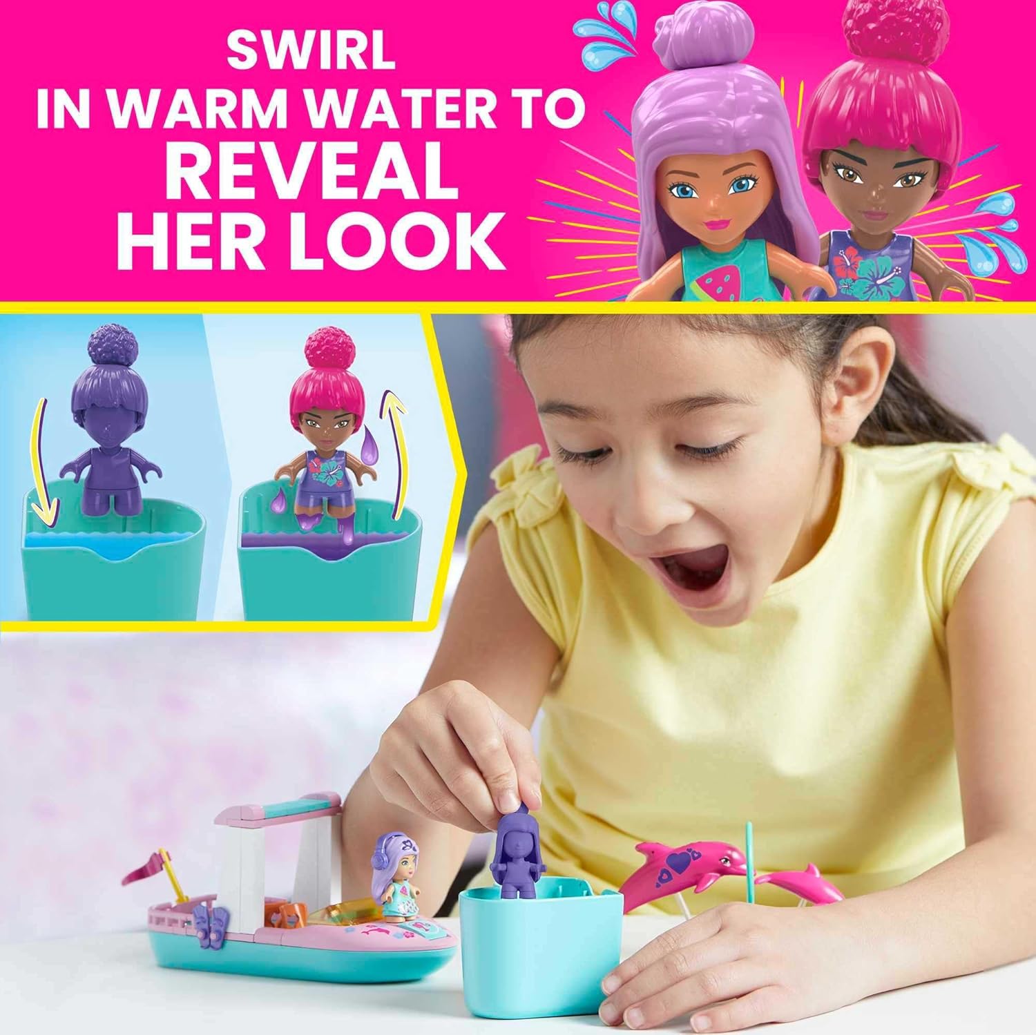 Barbie Color Reveal Dolphin Exploration Playset, 2 Micro-Dolls with Dolphins, 114 Building Bricks and Accessories for Creative Play