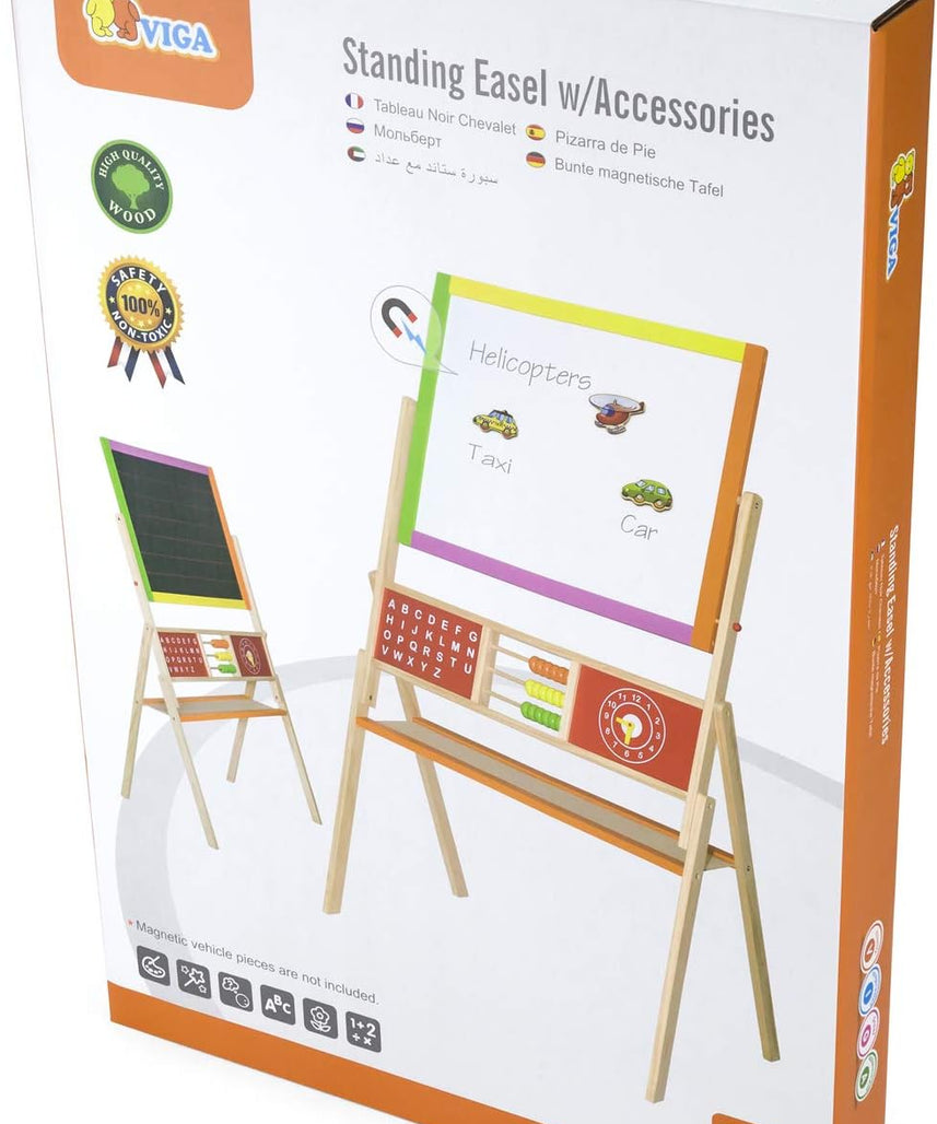 VIGA Wooden Educational 2-in-1 Standing Easel with Abacus, Double-Sided Floor Easel for Drawing, Writing, Alphabet and Math Learning, Wooden Learning Toy for Kids, Ages 3+