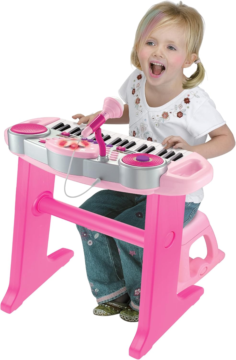 Winfun Keyboard Rock Star Set | 37-Key Kids Musical Toy with Light-Up Keys, Mic, DJ Pad & Stand | 8 Rhythms, 5 Drum Sounds & Tempo Control | Interactive Educational Music Toy for Kids 3+ Years