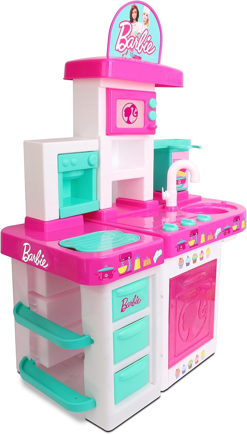 Barbie Large Kitchen Playset for Toddlers, Pretend Play Cooking Kitchen with Lights and Sounds, Sink Oven Stove Food and Accessories, Realistic Role Play Toy Set for Kids, Ages 3 Years+