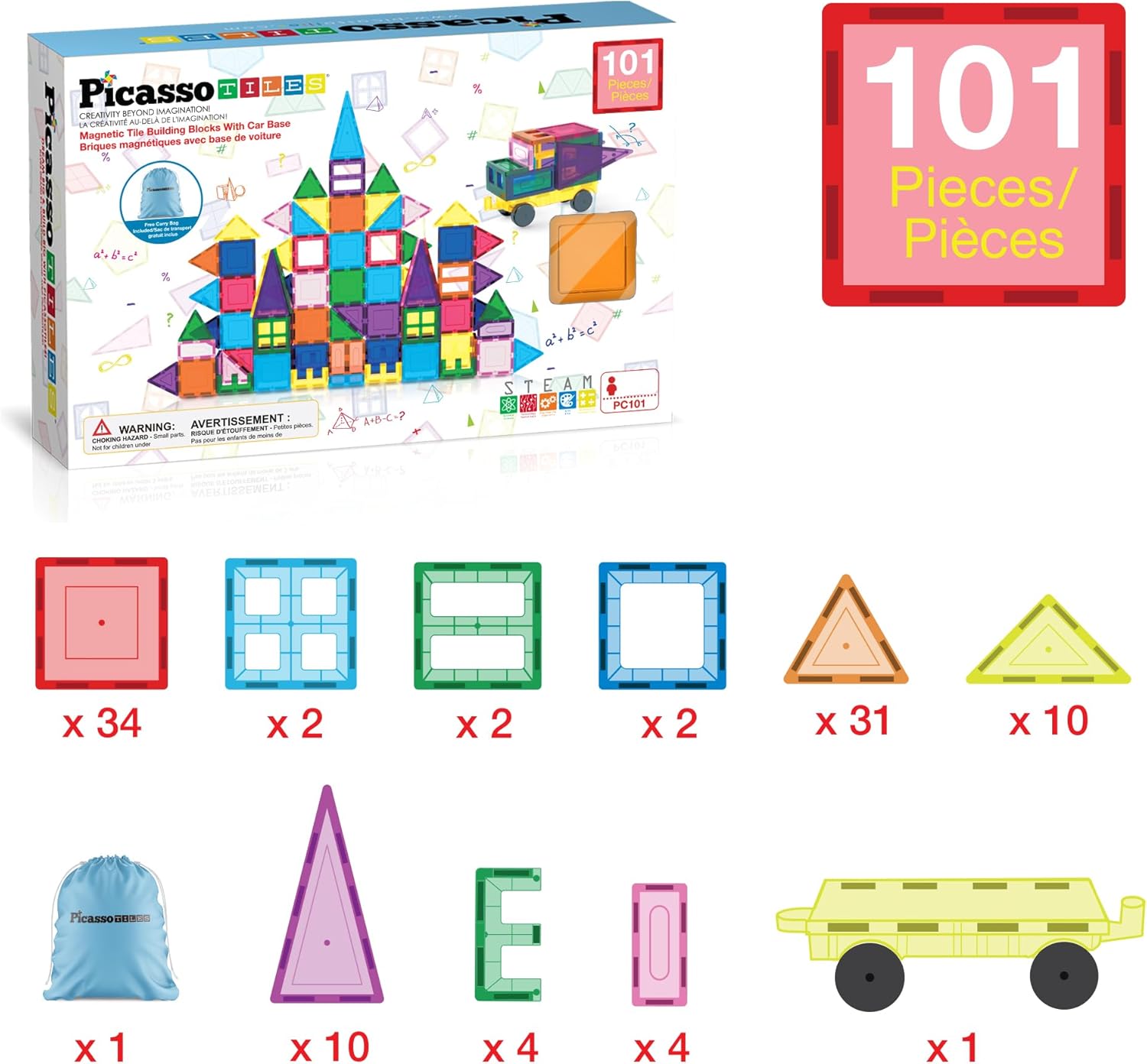 PicassoTiles 101pc Magnetic Tile Building Blocks with Car Base Drawstring Carry Toy Storage Bag Magnetized Block for Kids Magnet ToySet Educational STEM Learning Child Brain Development Ages 3+ PC101