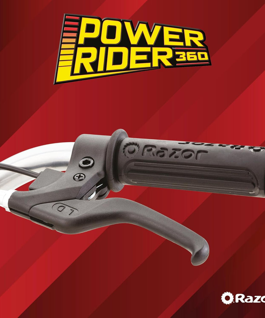 دراجة ثلاثية العجلات الكهربائية Razor PowerRider 360 للأطفال من سن 8 سنوات فما فوق، 12 فولت مع دواسة وقود بزر ضغط، سرعة تصل إلى 9 أميال في الساعة، مدة تشغيل 30 دقيقة، دوران 360 درجة وانزلاق، أقصى وزن للراكب 120 رطلاً