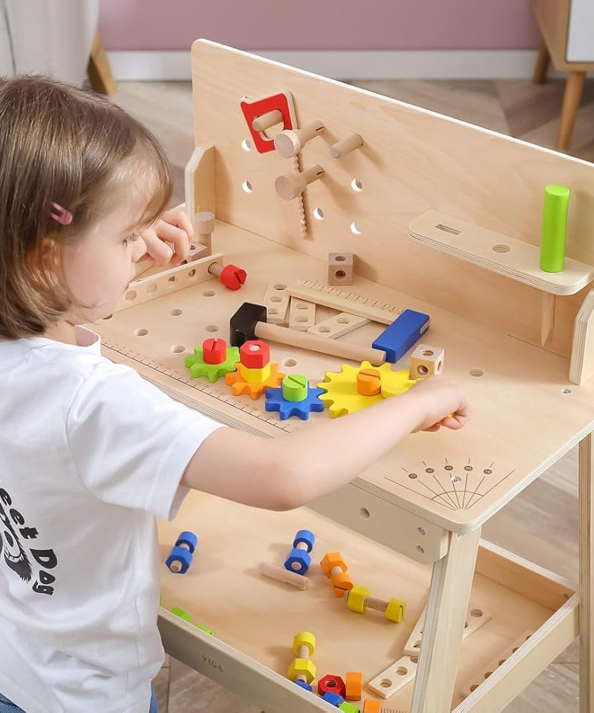 Viga Wooden Work Desk Stand and Tool Bench with Hammer, Screwdriver, Wrench and Accessories for Kids 3+ Educational Role-Play Toy