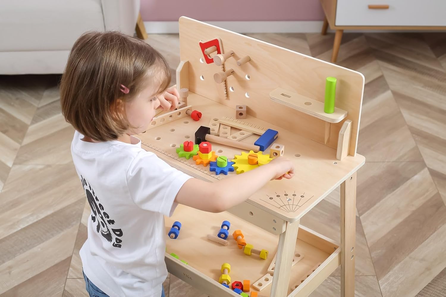 Viga Wooden Work Desk Stand and Tool Bench with Hammer, Screwdriver, Wrench and Accessories for Kids 3+ Educational Role-Play Toy