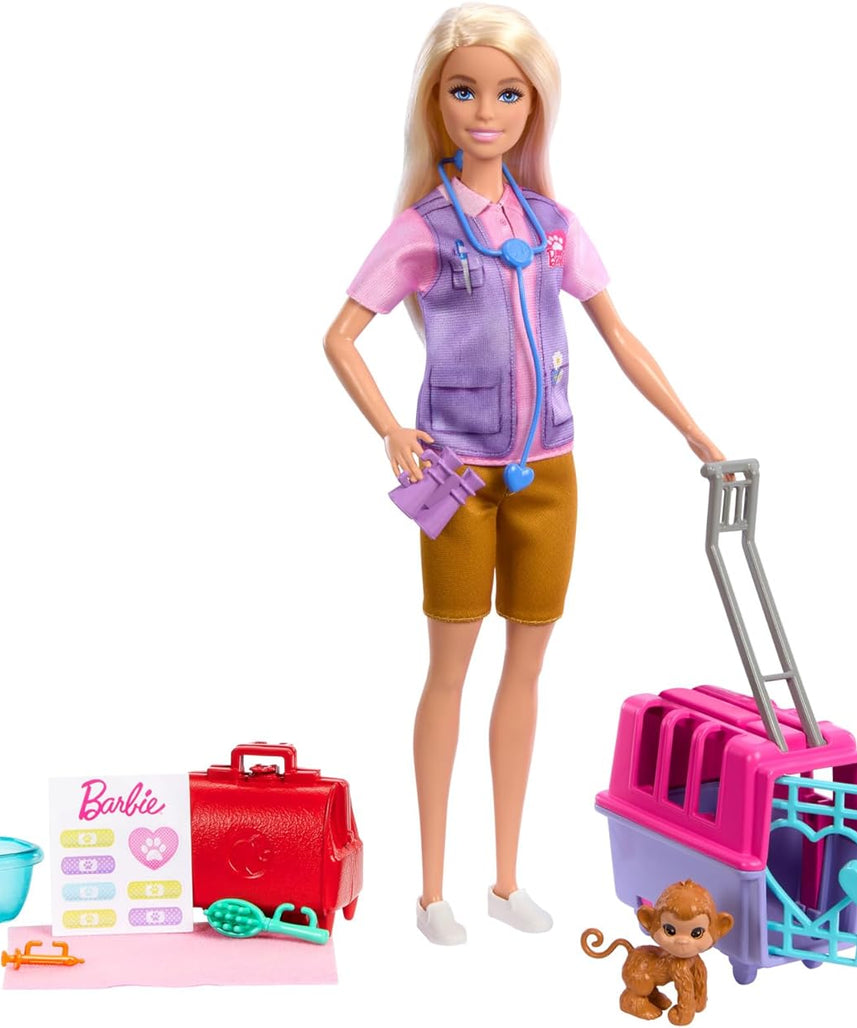 مجموعة ألعاب إنقاذ الحيوانات من باربي مع دمية شقراء وشخصيات قرد صغير ونمر وإكسسوارات للأطفال من سن 3 سنوات فما فوق