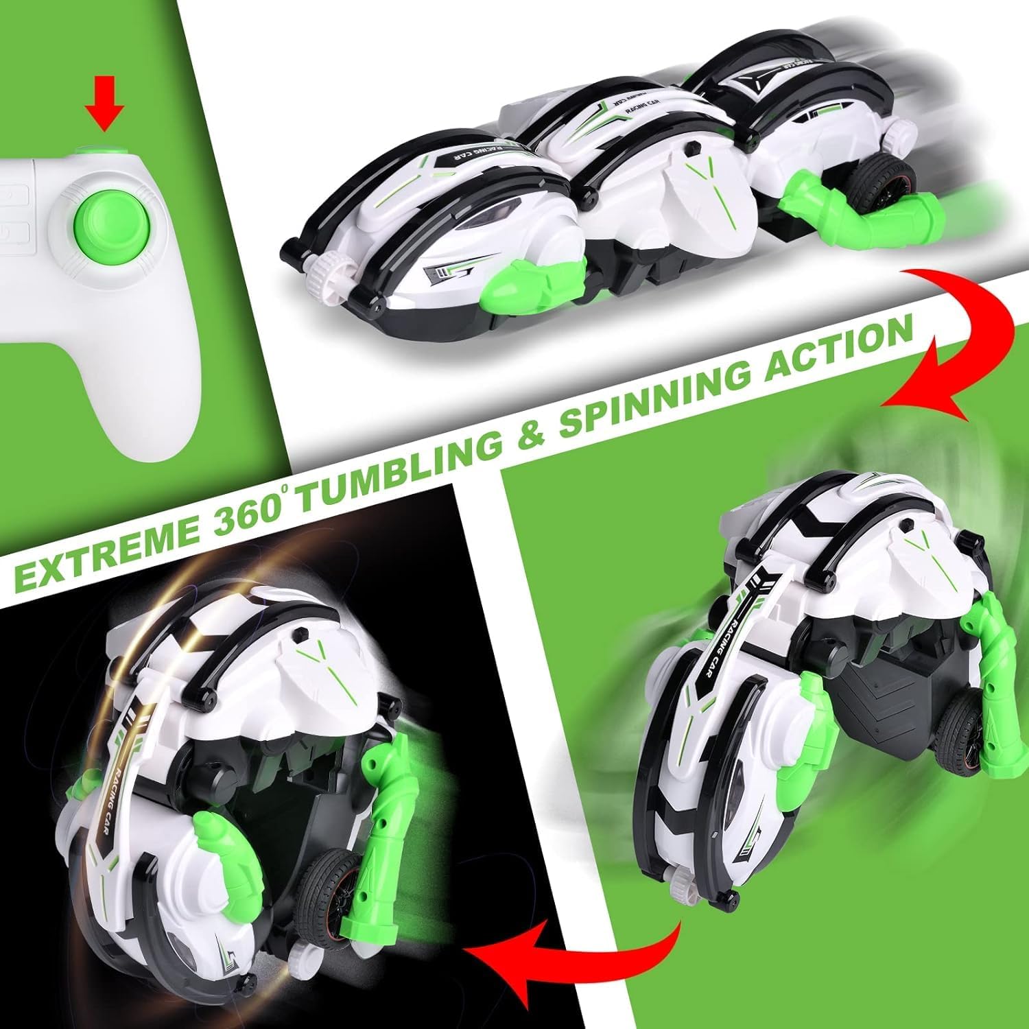 Crazon RC Stunt Car 360° Rolling Snake Car with LED Lights – Green