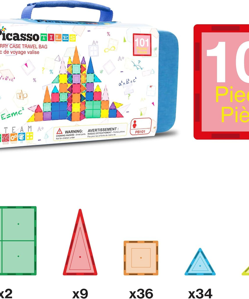 PicassoTiles 101pcs Magnetic Building Block Toy + Case Set Magnet Tile Construction Blocks for Ages 3 and Up Educational Kit Child Brain Development Learning Playset in Portable Travel Carry Bin