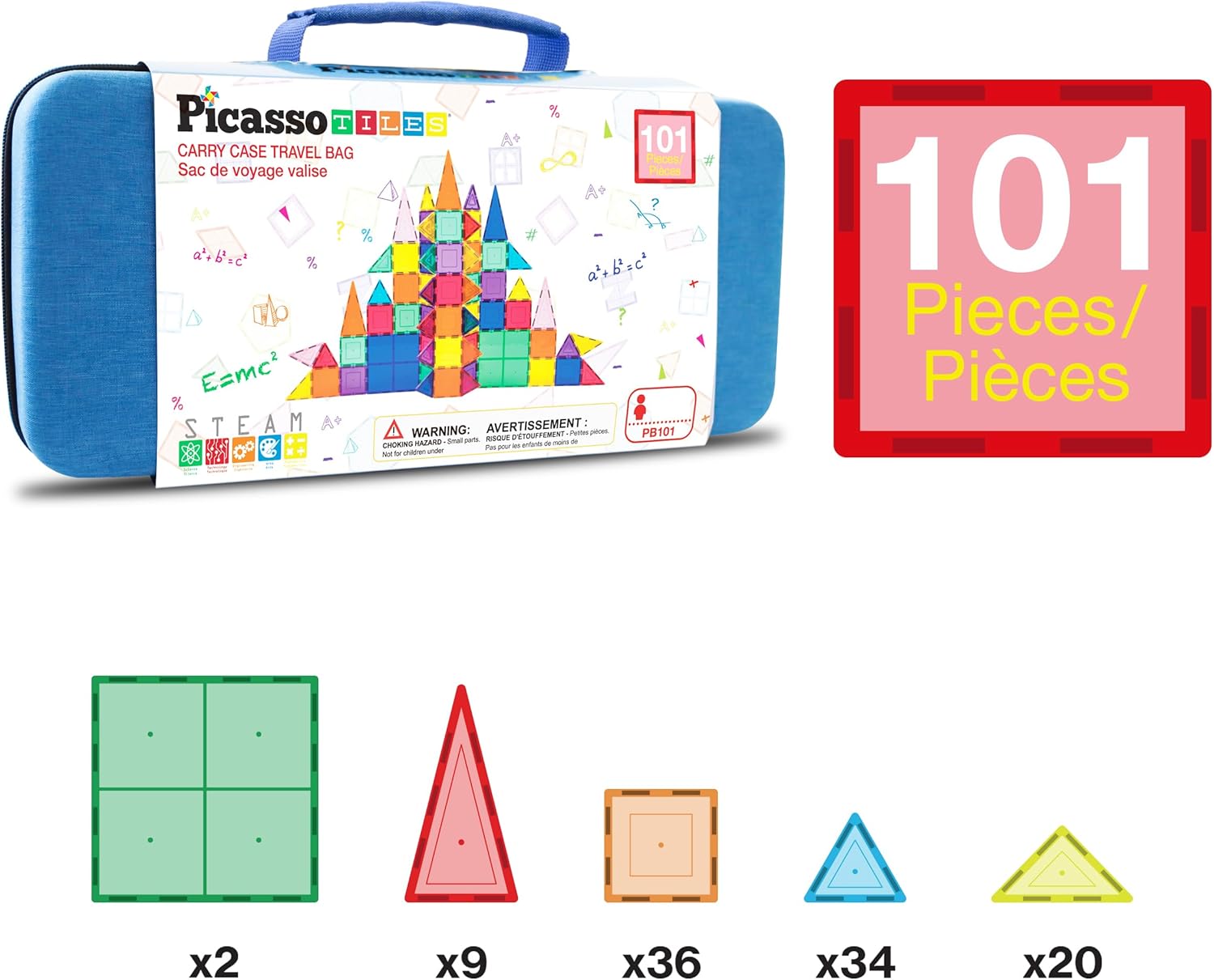 PicassoTiles 101pcs Magnetic Building Block Toy + Case Set Magnet Tile Construction Blocks for Ages 3 and Up Educational Kit Child Brain Development Learning Playset in Portable Travel Carry Bin