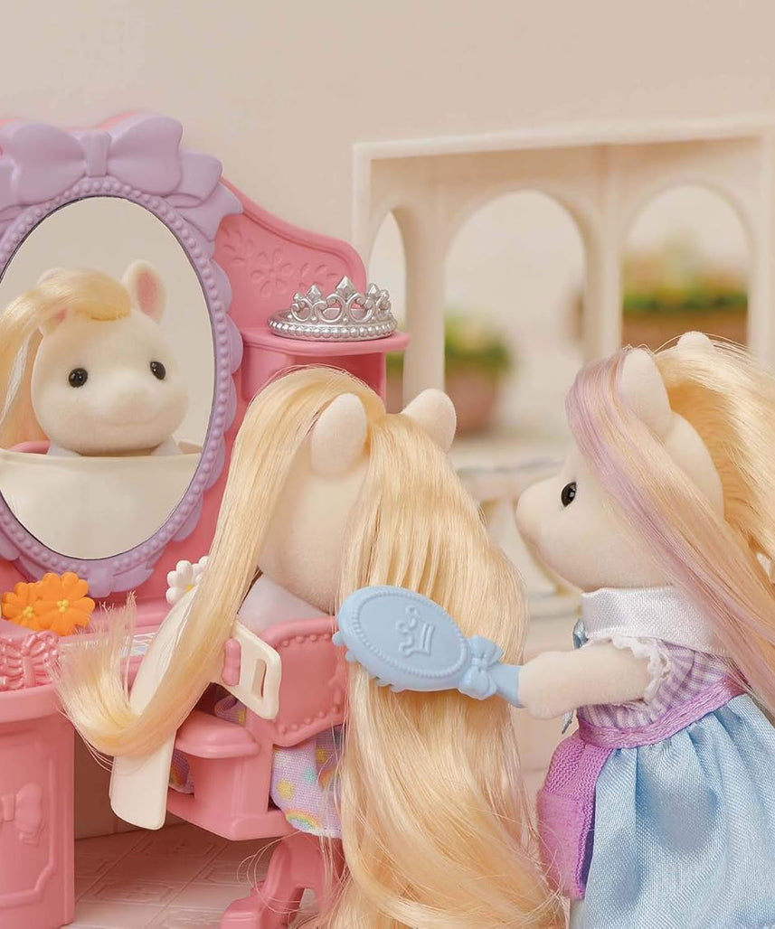 Sylvanian Families Pony's Stylish Hair Salon Set (5642) – 2-Story Salon with Sally Pony Figure, Hair Accessories, Styling Book, Dresser & Shampoo Basin – Educational Role-Playing Toy for Ages 3+