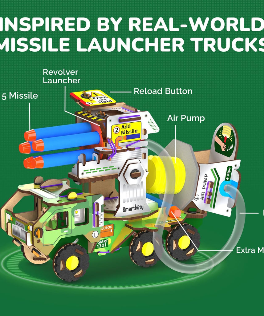 Smartivity DIY Missile Truck for Kids | Build Your Own Military Vehicle with Air-Powered 360° Rotating Launcher & 5 Foam Missiles | STEM Engineering Toy | Birthday Gift Boys & Girls 8 9 10 11 12 13 14