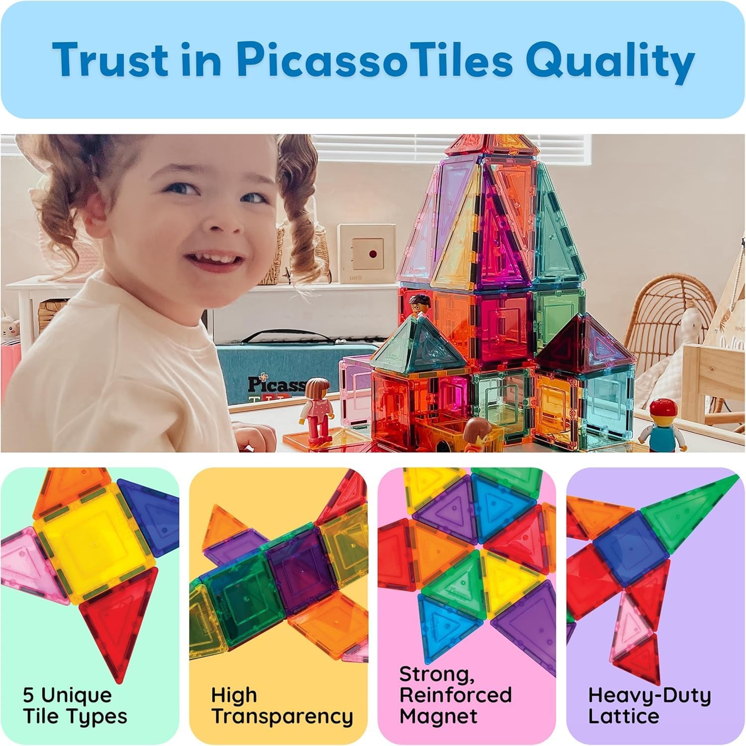 Picasso Tiles Magnetic Tile Classic Toy Building 61 Piece Set