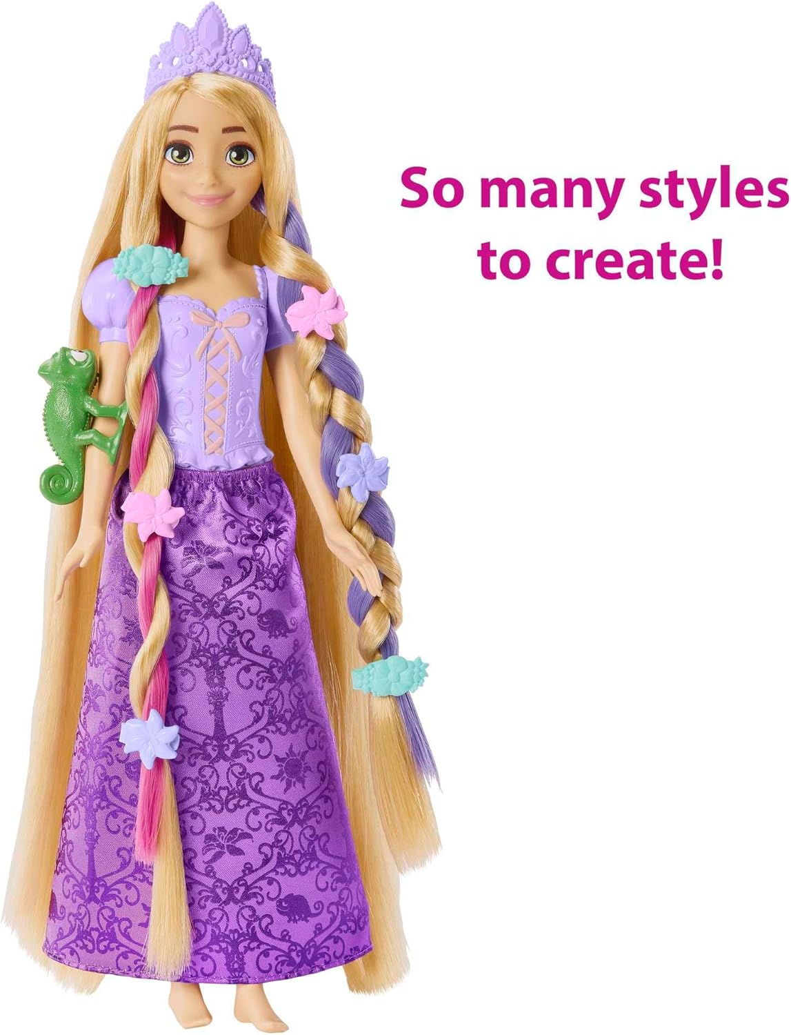 Mattel Disney Princess Toys, Doll Color Change Extensions and Hair Styling Pieces, Inspired by the Disney Movie, HLW18 Rapunzel With Hair Accessories