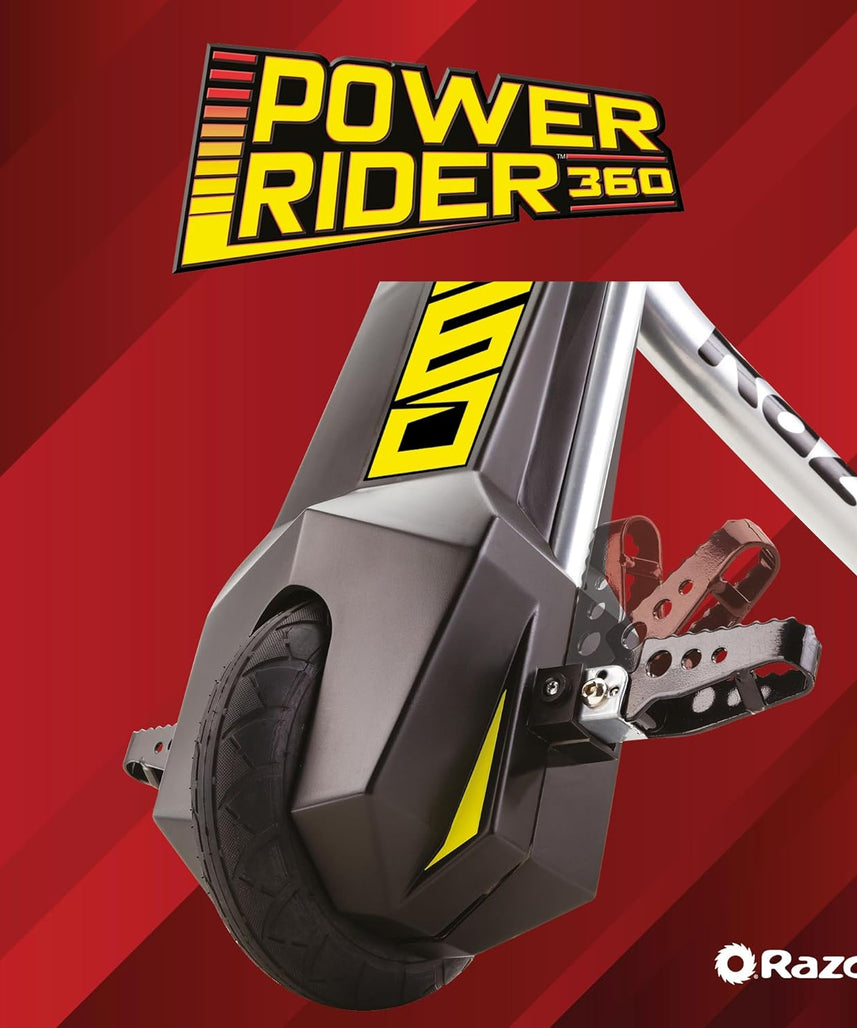 دراجة ثلاثية العجلات الكهربائية Razor PowerRider 360 للأطفال من سن 8 سنوات فما فوق، 12 فولت مع دواسة وقود بزر ضغط، سرعة تصل إلى 9 أميال في الساعة، مدة تشغيل 30 دقيقة، دوران 360 درجة وانزلاق، أقصى وزن للراكب 120 رطلاً