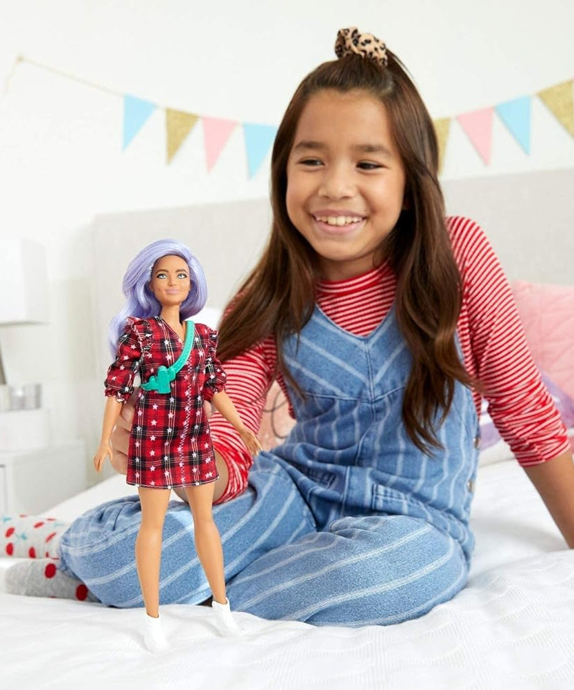 Barbie Fashionistas Doll #157, Curvy with Lavender Hair, Red Plaid Dress, White Cowboy Boots & Teal Cactus Bag, GRB49